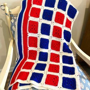 Vintage hand crocheted red, white, and blue afghan patriotic